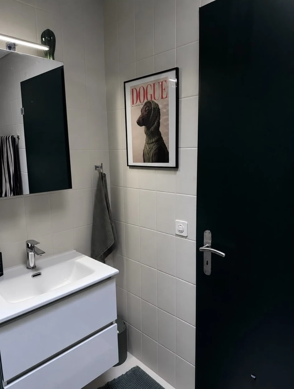 Porte vert sombre à côté d’une vasque et de murs blancs dans une salle de bains